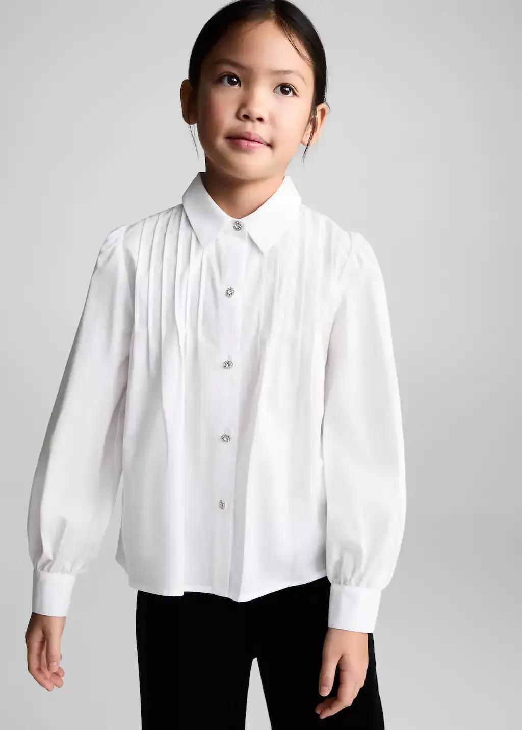 White Cotton Shirt With Jewel Buttons, Kids Girl, White, large image number 0