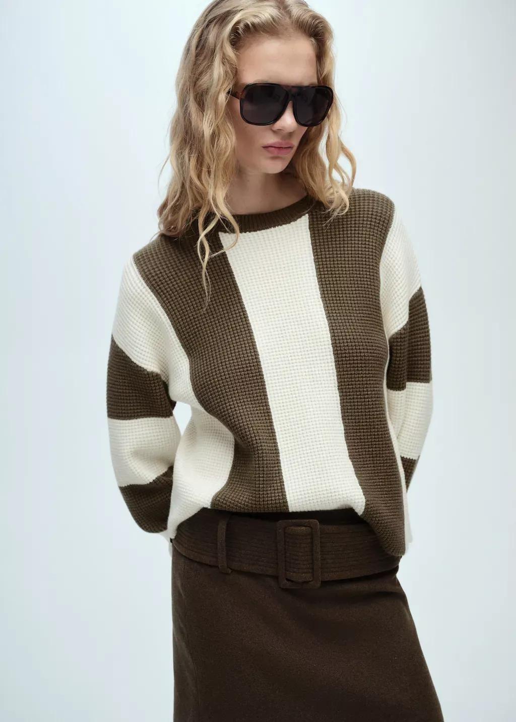 Khaki Knit Striped Sweater, , medium