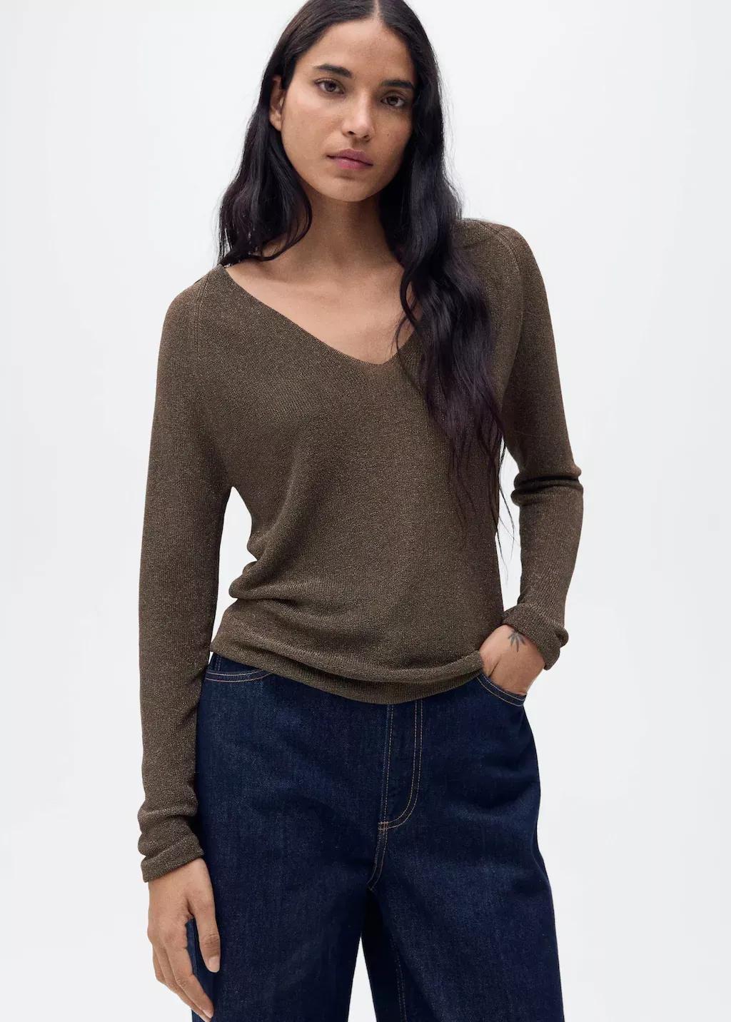 Brown V-Neck Lurex Sweater, , large image number 0