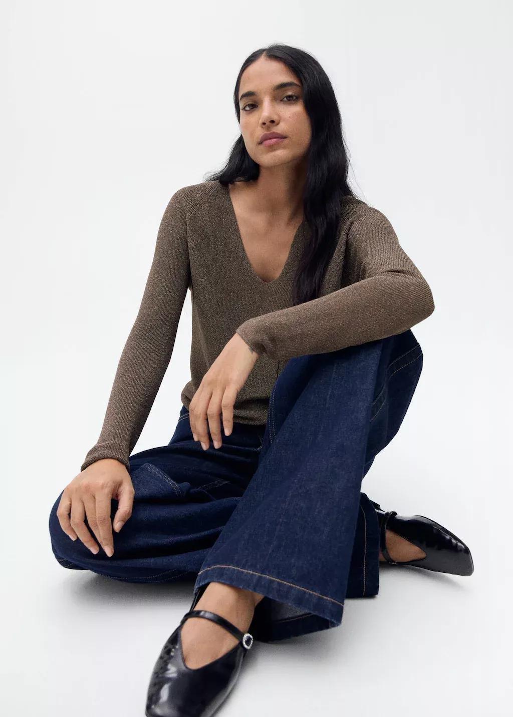 Brown V-Neck Lurex Sweater, , large image number 2