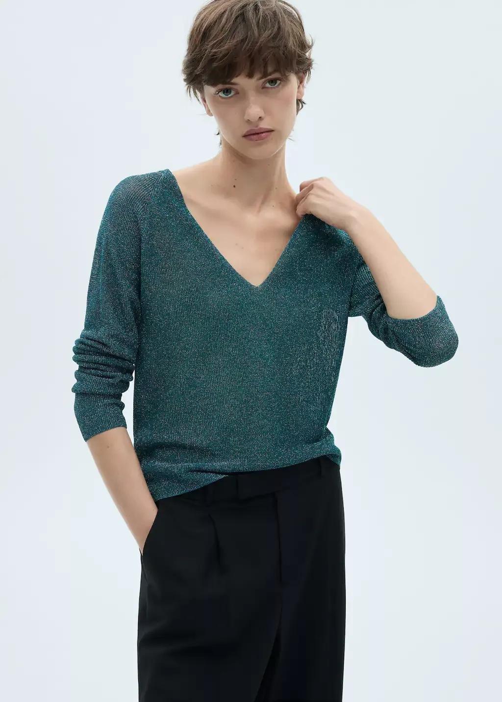 Green V-Neck Lurex Sweater, , large image number 0