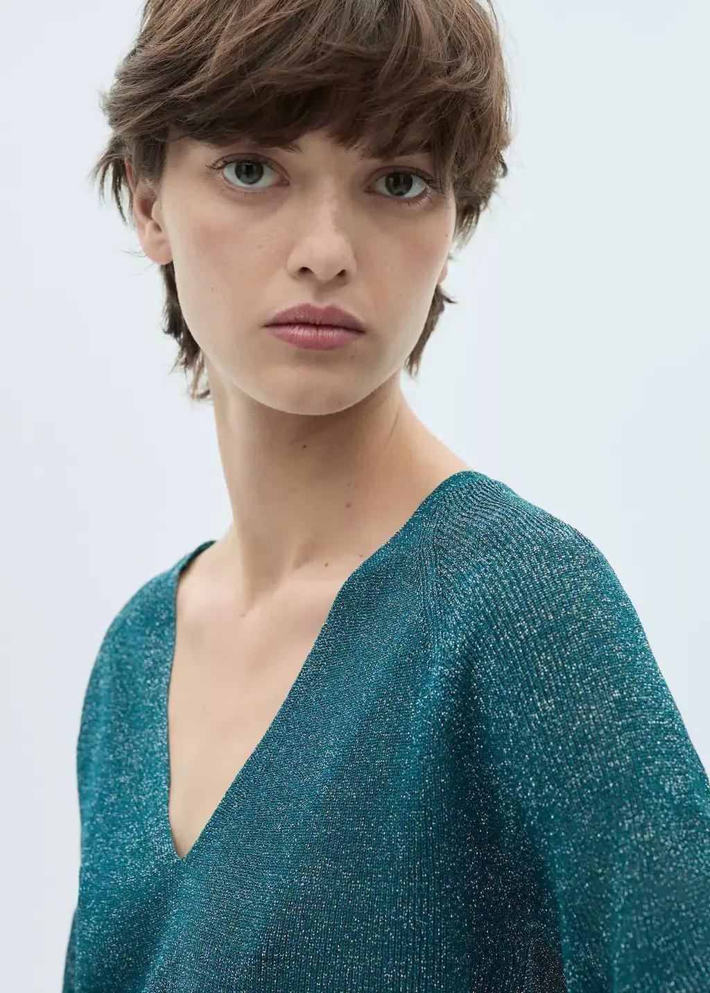 Green V-Neck Lurex Sweater, , large image number 1