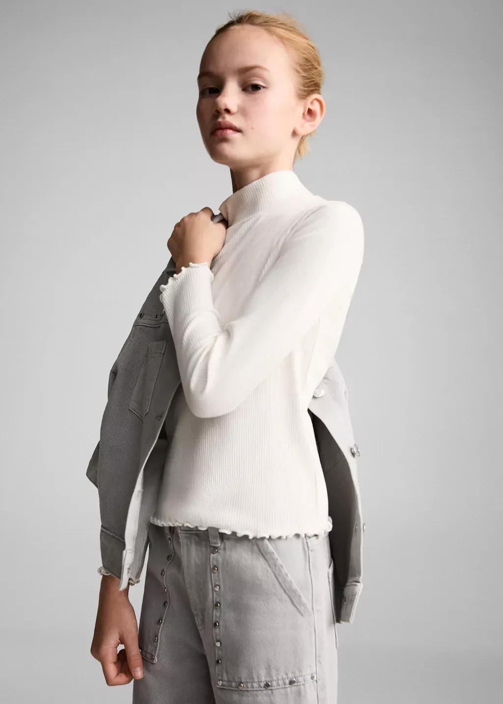 White Ribbed High Neck T-Shirt, Kids Girl, , large image number 0