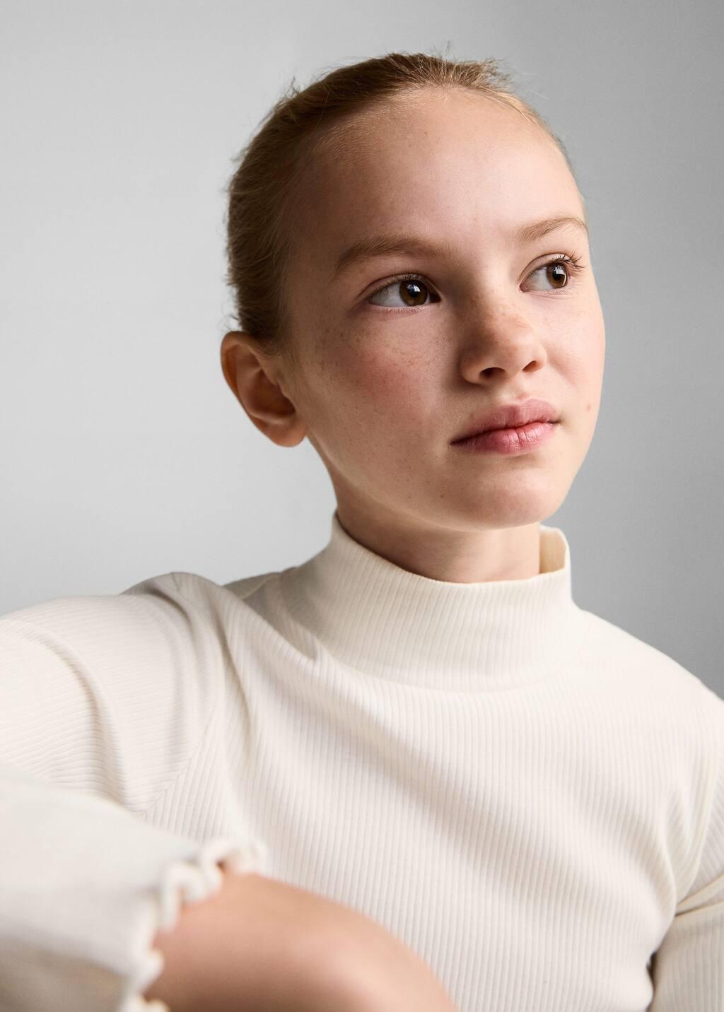 White Ribbed High Neck T-Shirt, Kids Girl, , large image number 1