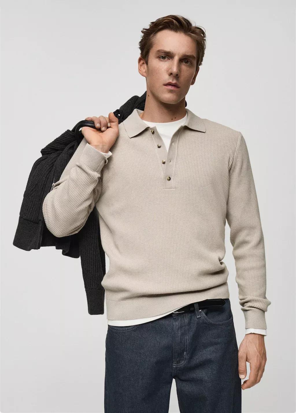 Beige Cotton Blend Ribbed Polo Sweater, , large image number 0