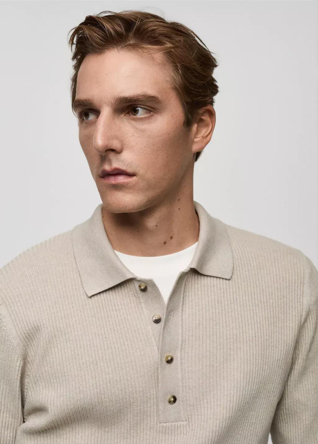 Beige Cotton Blend Ribbed Polo Sweater, , large image number 1