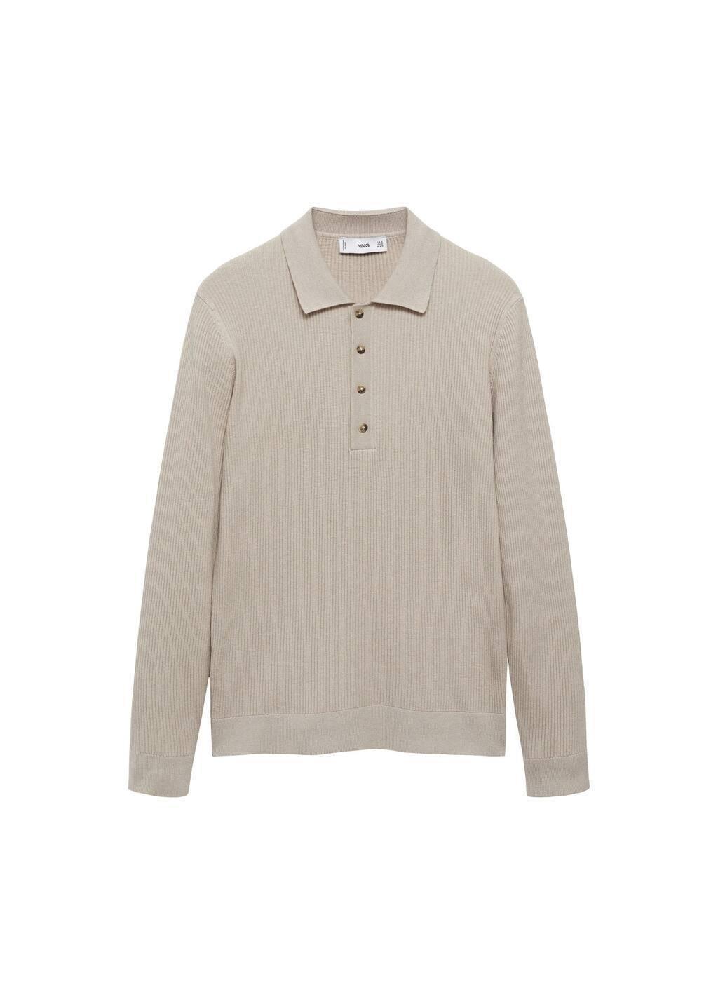 Beige Cotton Blend Ribbed Polo Sweater, , large image number 2