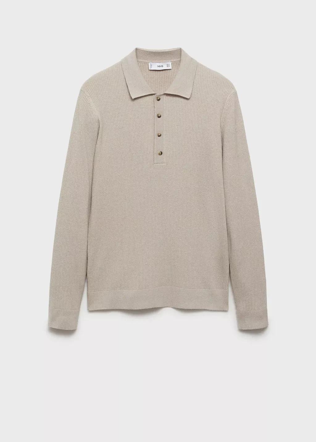 Beige Cotton Blend Ribbed Polo Sweater, , large image number 4