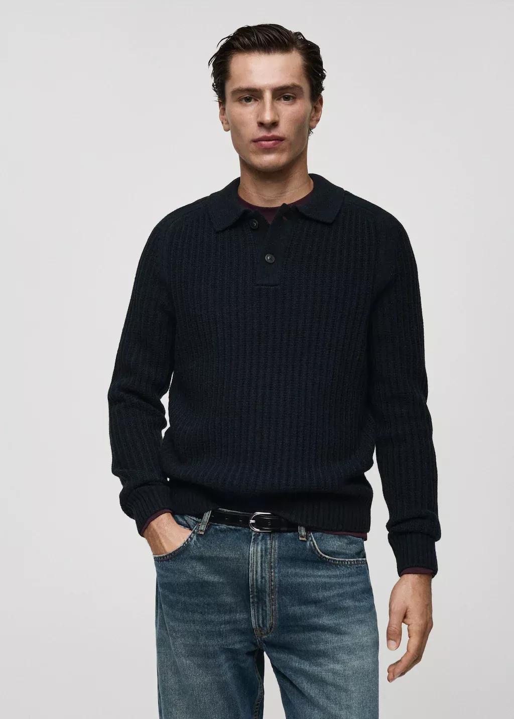 Navy Rib-Knit Polo-Neck Sweater, , large image number 0