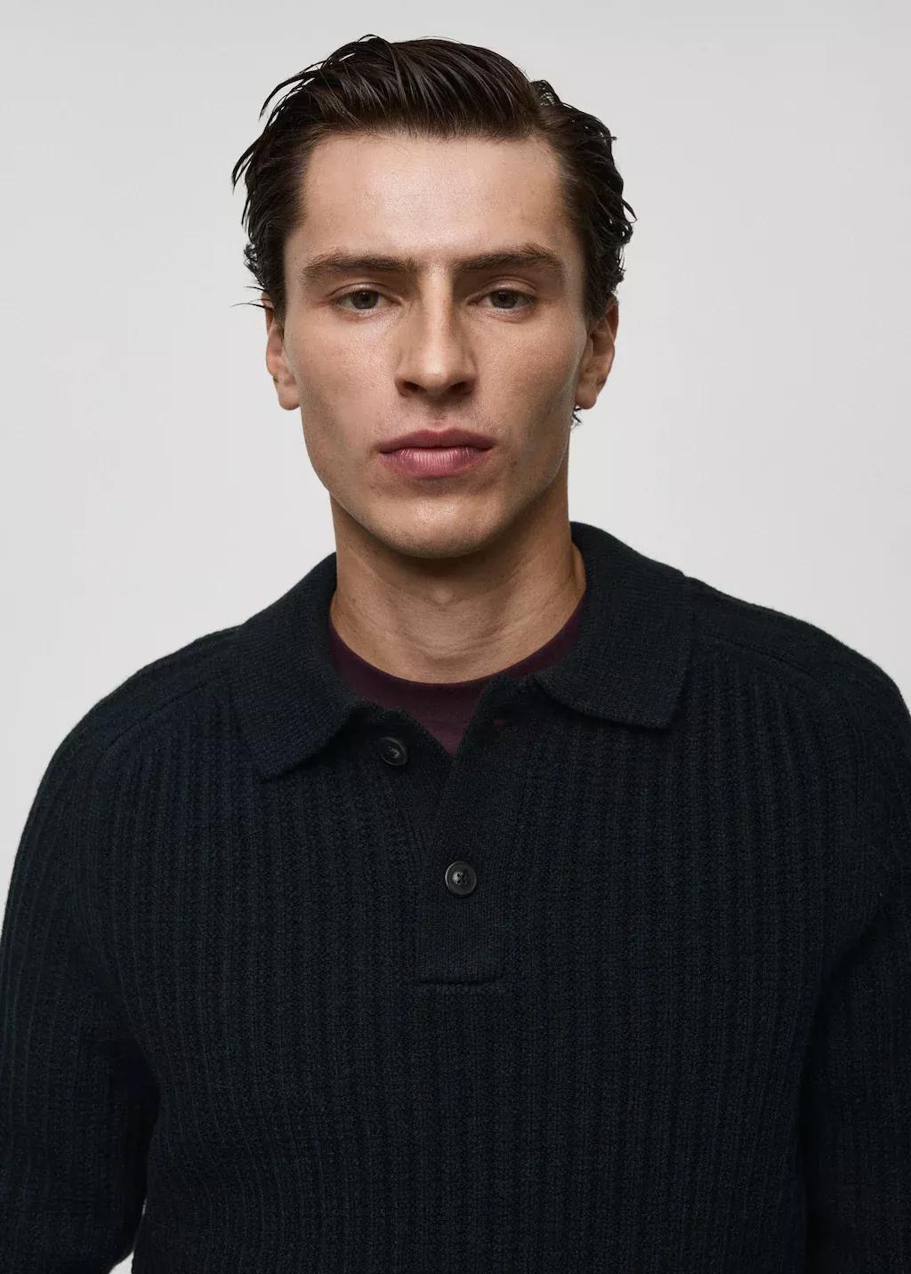 Navy Rib-Knit Polo-Neck Sweater, , large image number 1