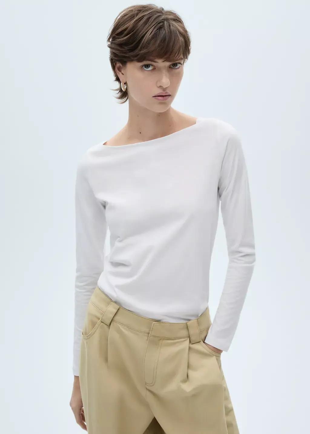 White 100% Cotton Boat Neck T-Shirt, , large image number 0