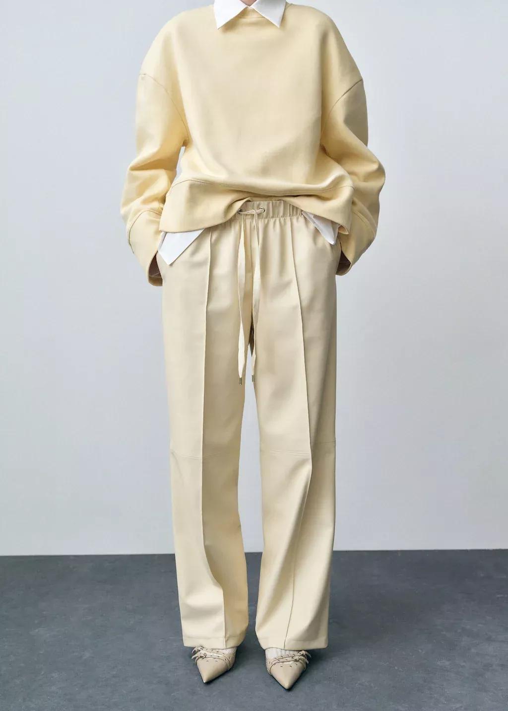 Beige Wideleg Leather-Effect Trousers, , medium