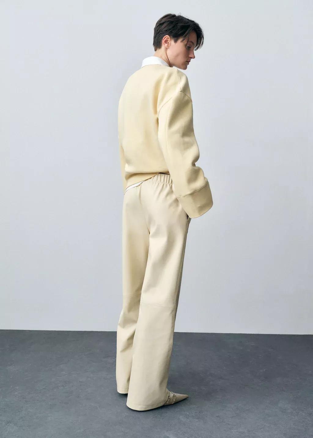 Beige Wideleg Leather-Effect Trousers, , large image number 7