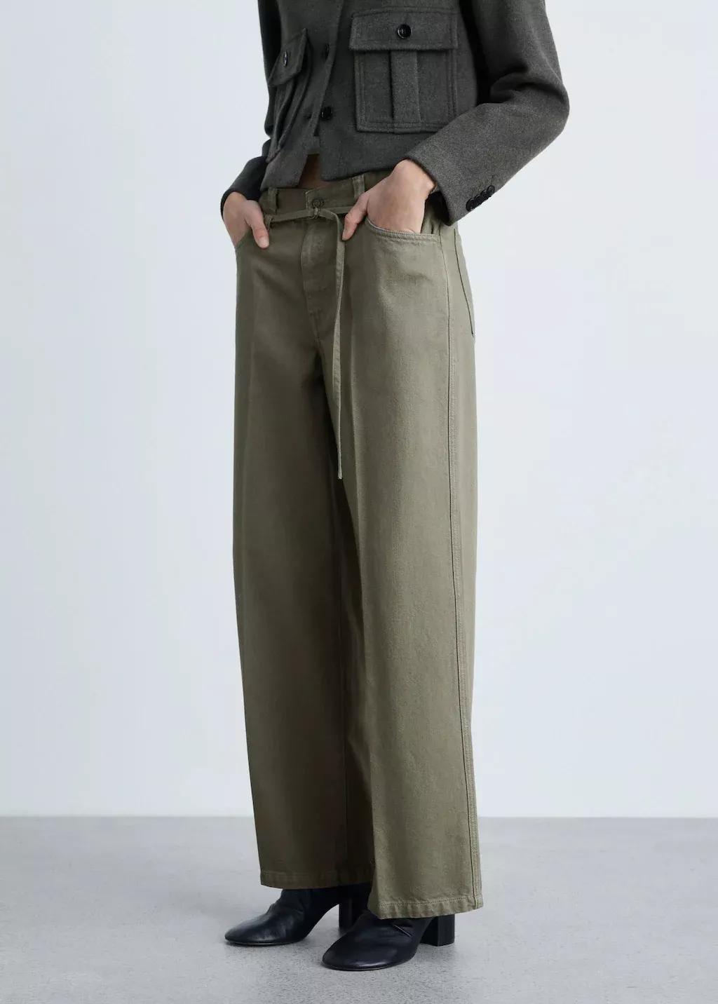 Khaki Wideleg Jeans With Belt Detail, , medium