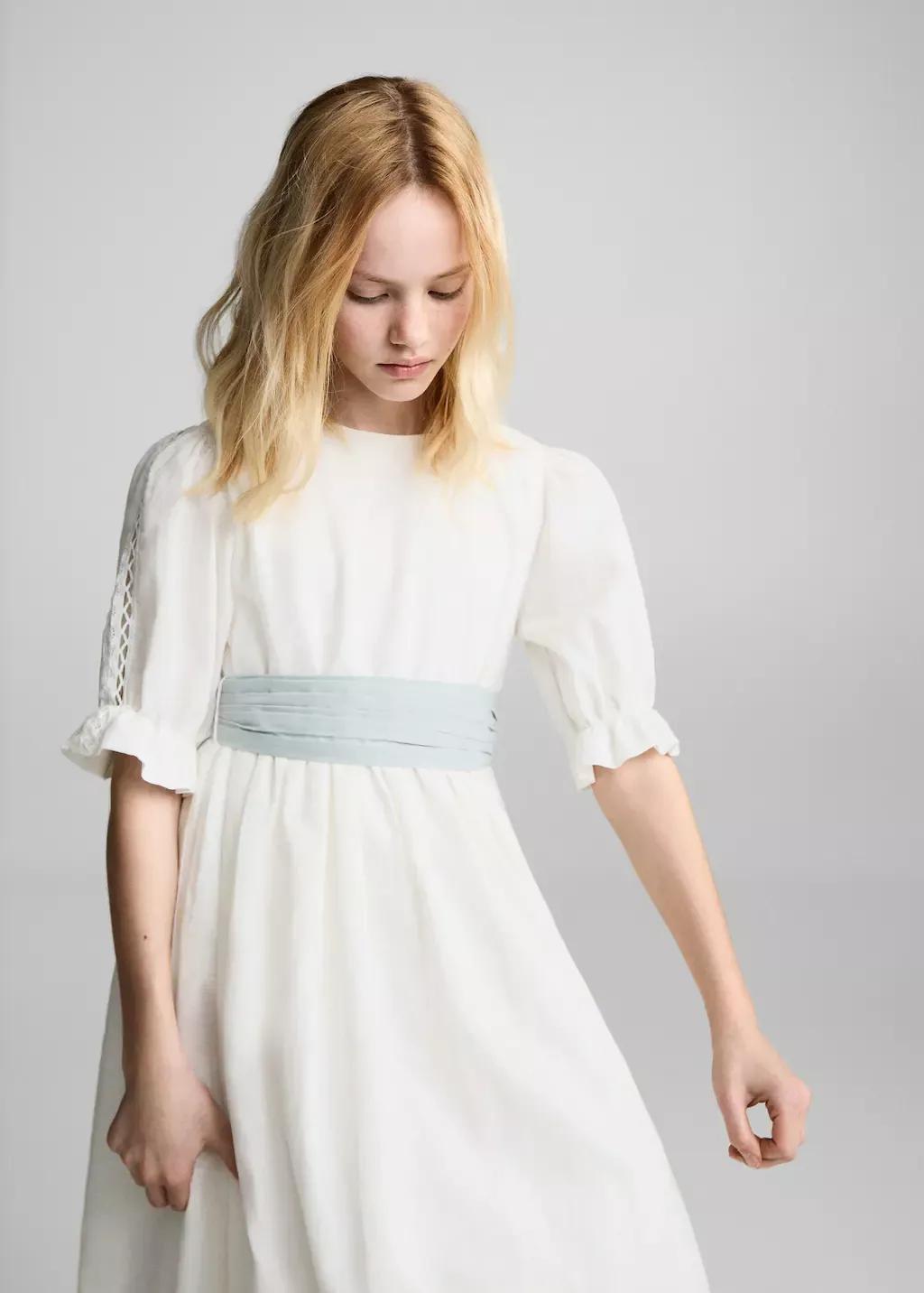 White Ruffled Linen Dress, Kids Girl, , large image number 0
