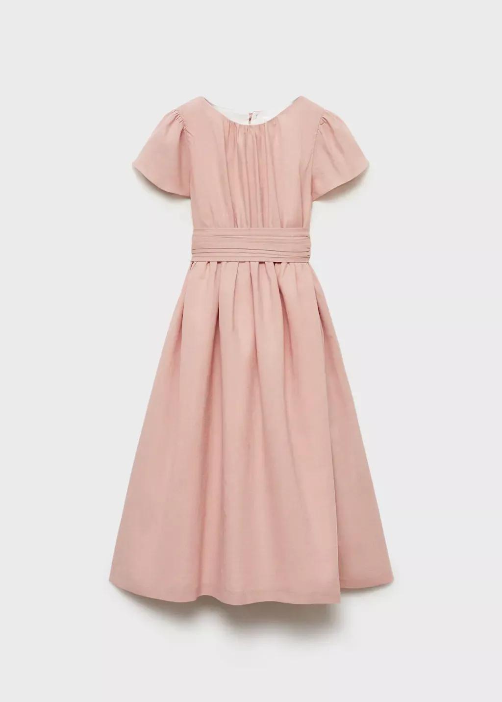 Pink Linen Dress With Back Opening, Kids Girl, , medium