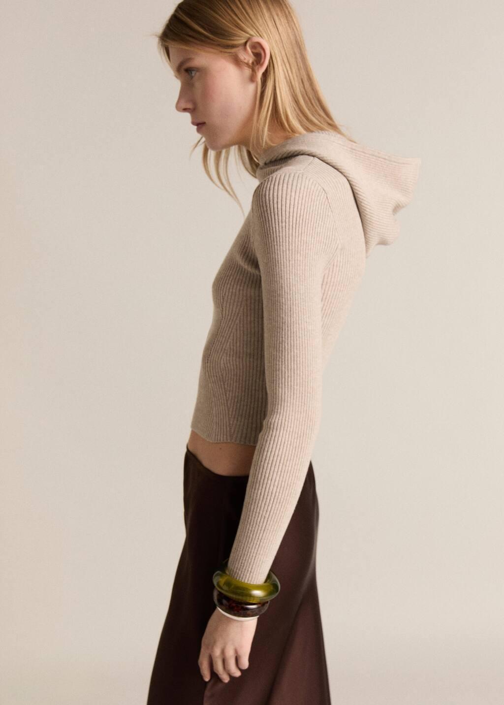 Grey Lt Pastel Ribbed Hooded Sweater, , large image number 1