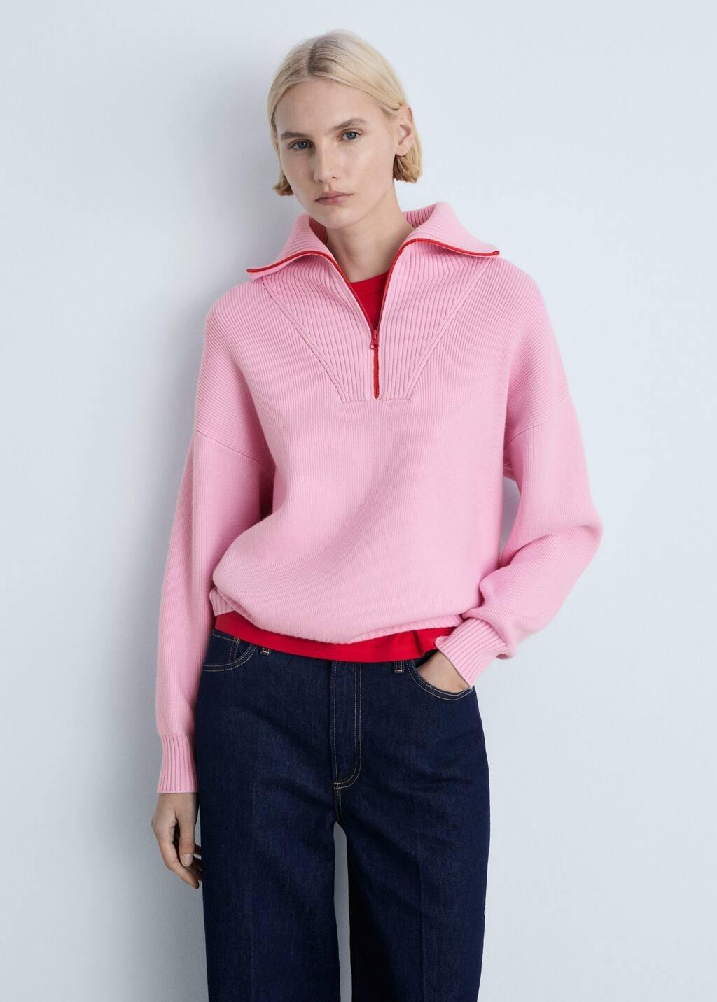 Pink Contrast Knitted Zipper Sweater, , large image number 0