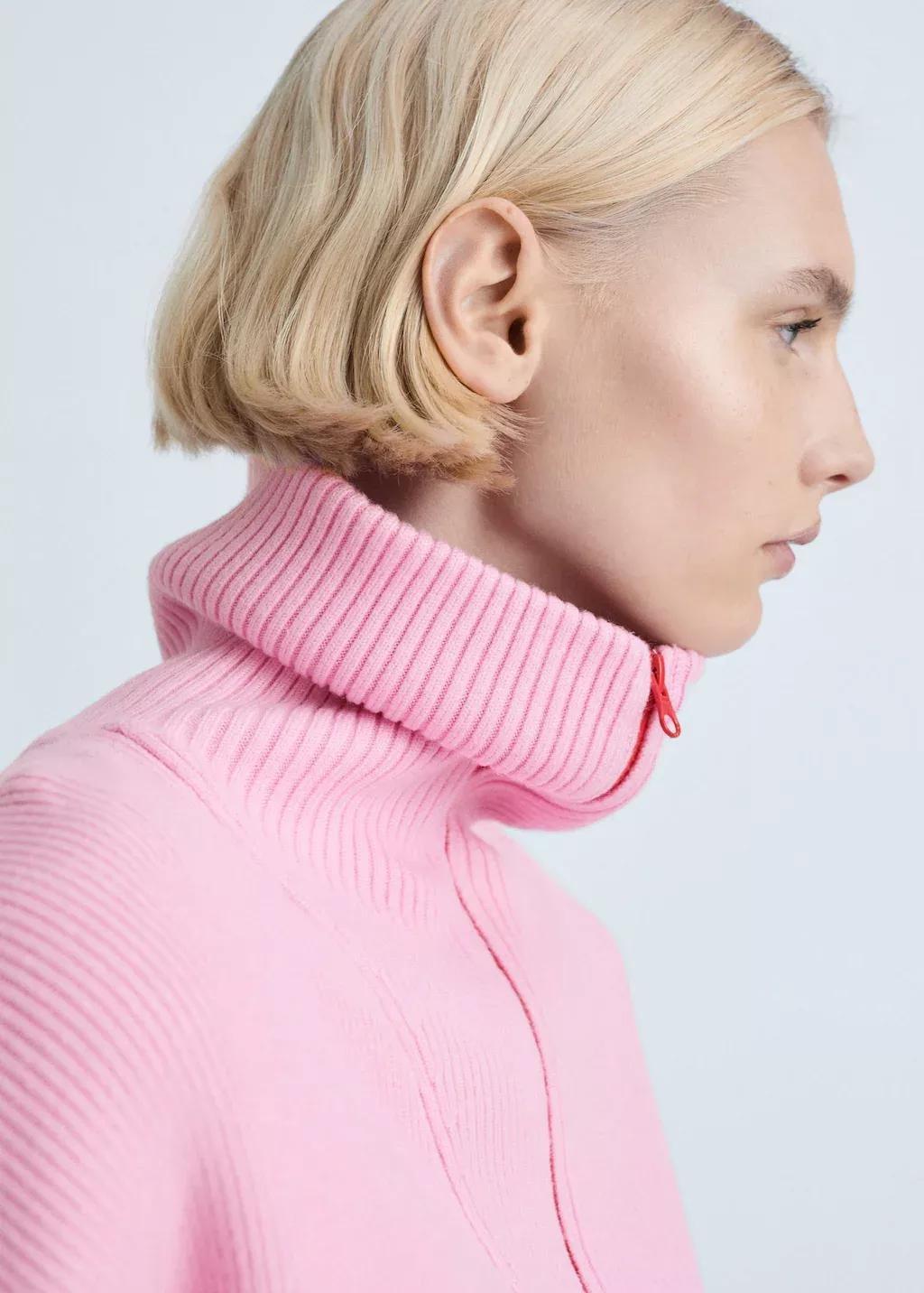 Pink Contrast Knitted Zipper Sweater, , large image number 1