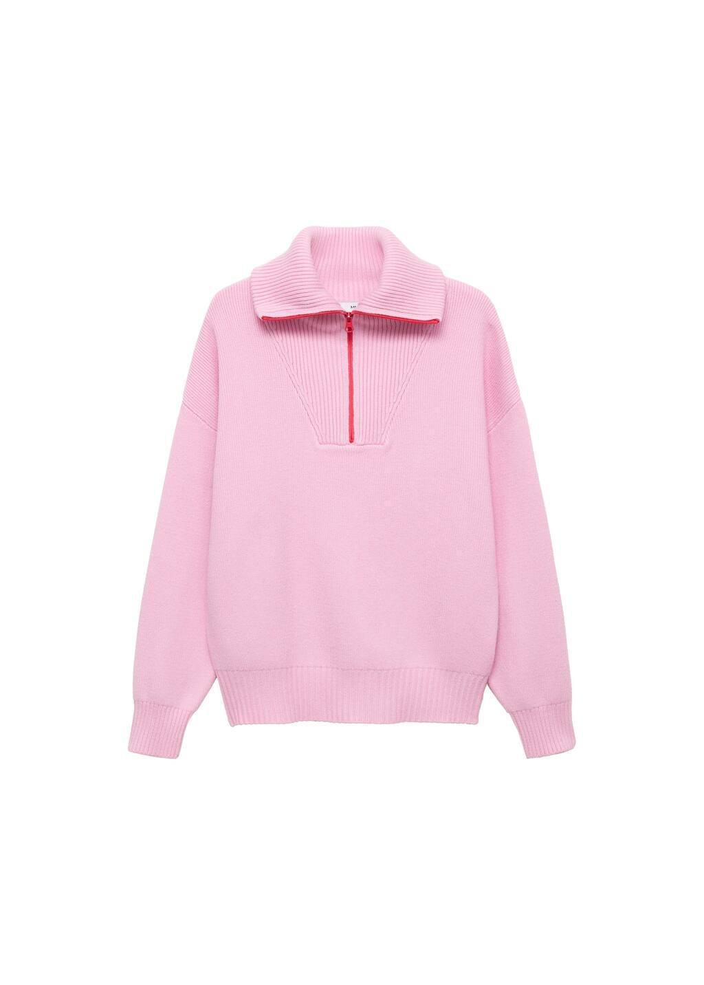 Pink Contrast Knitted Zipper Sweater, , large image number 2
