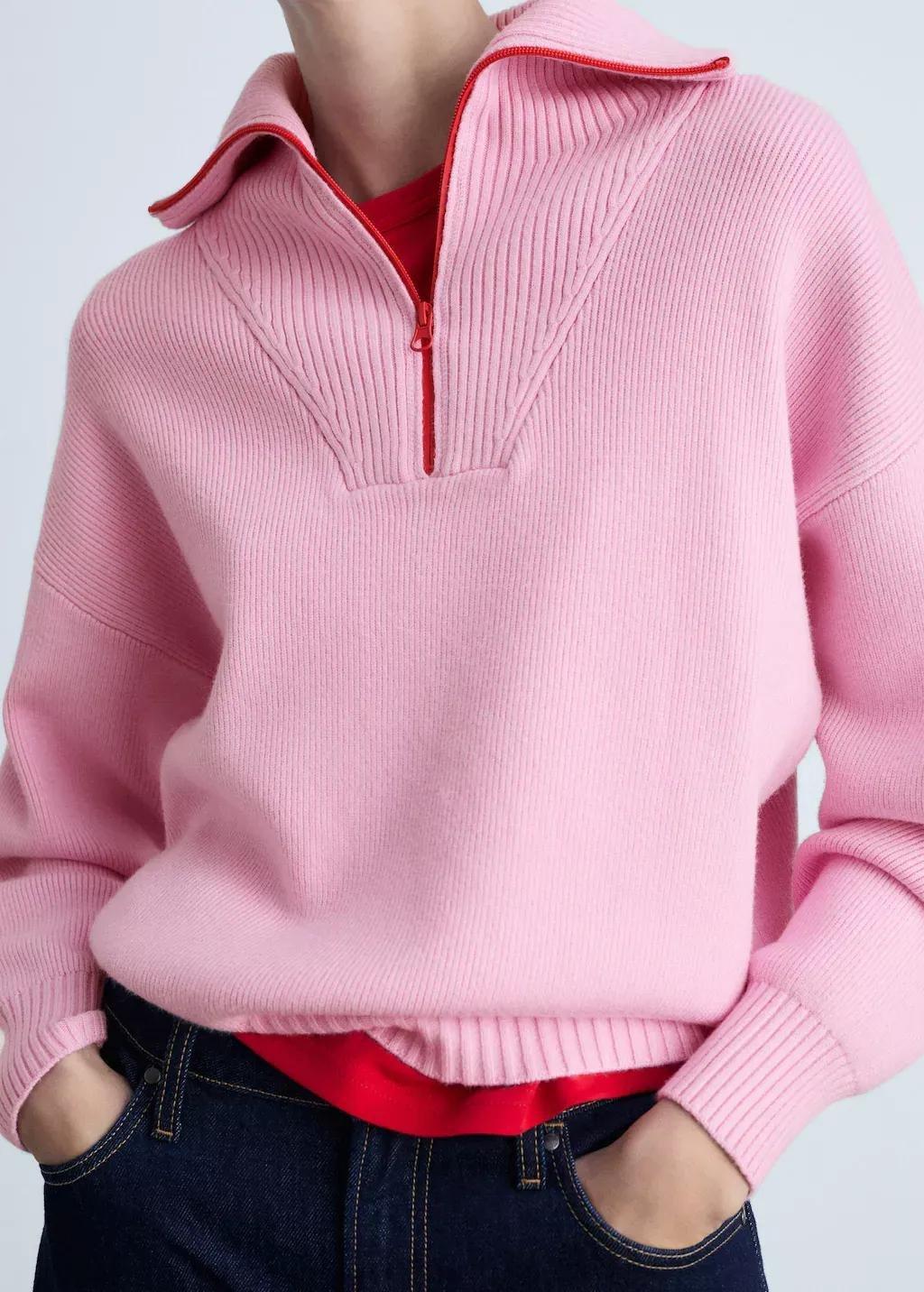 Pink Contrast Knitted Zipper Sweater, , large image number 3