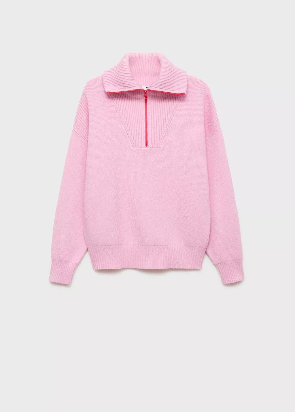 Pink Contrast Knitted Zipper Sweater, , large image number 4