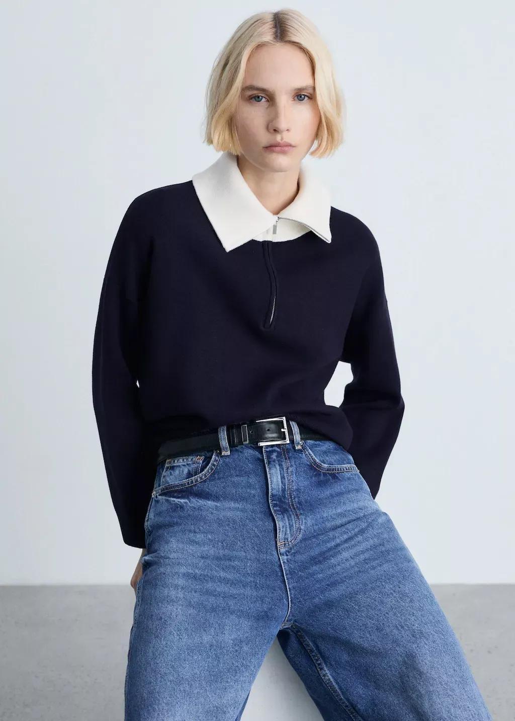 Navy Contrast Collar Knit Sweater, , medium