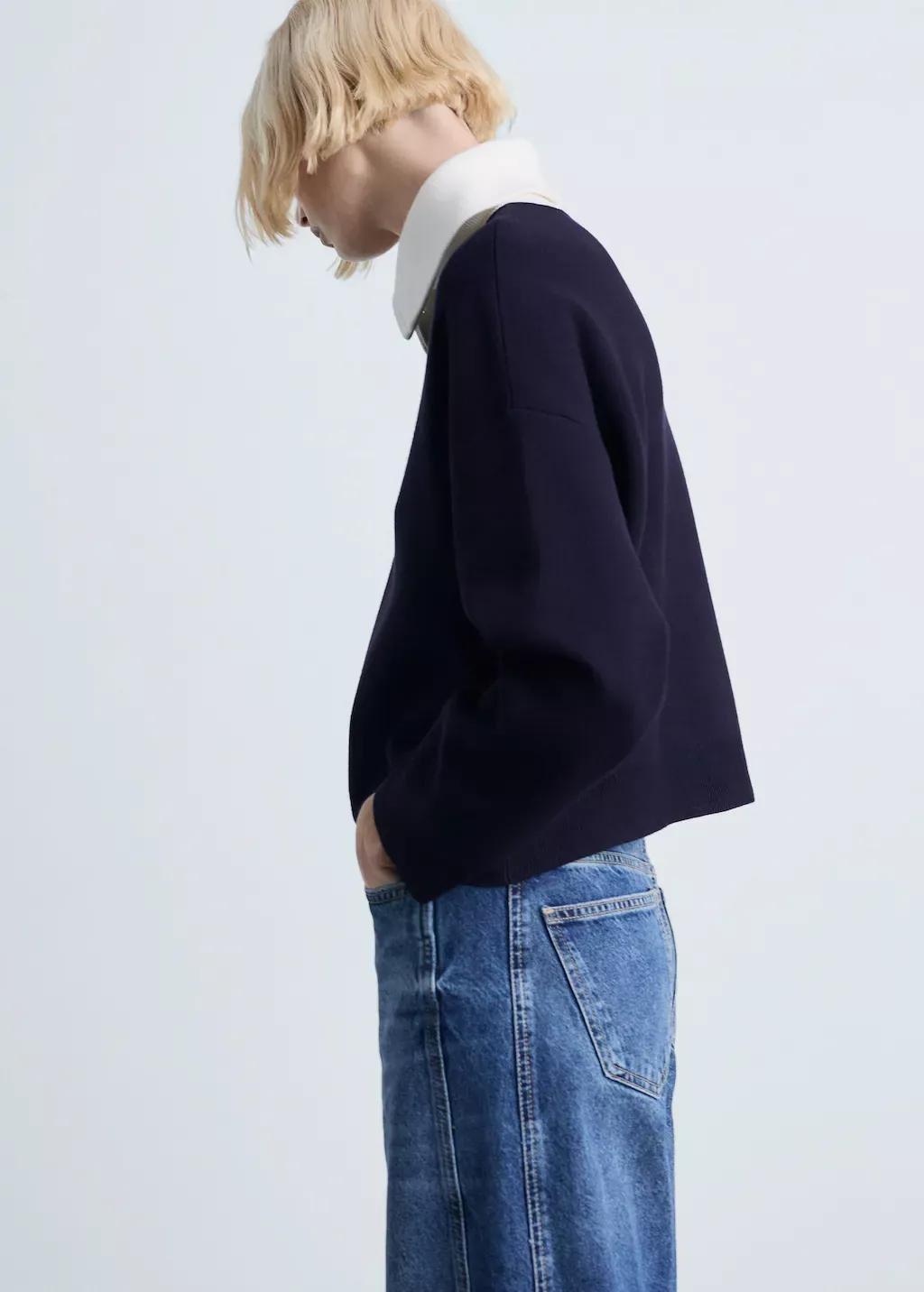 Navy Contrast Collar Knit Sweater, , large image number 3