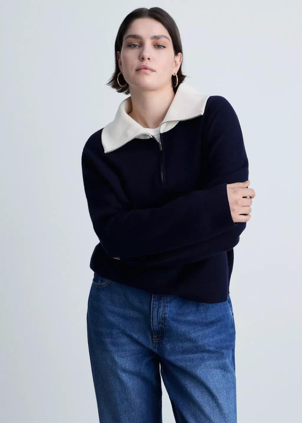 Navy Contrast Collar Knit Sweater, , large image number 8