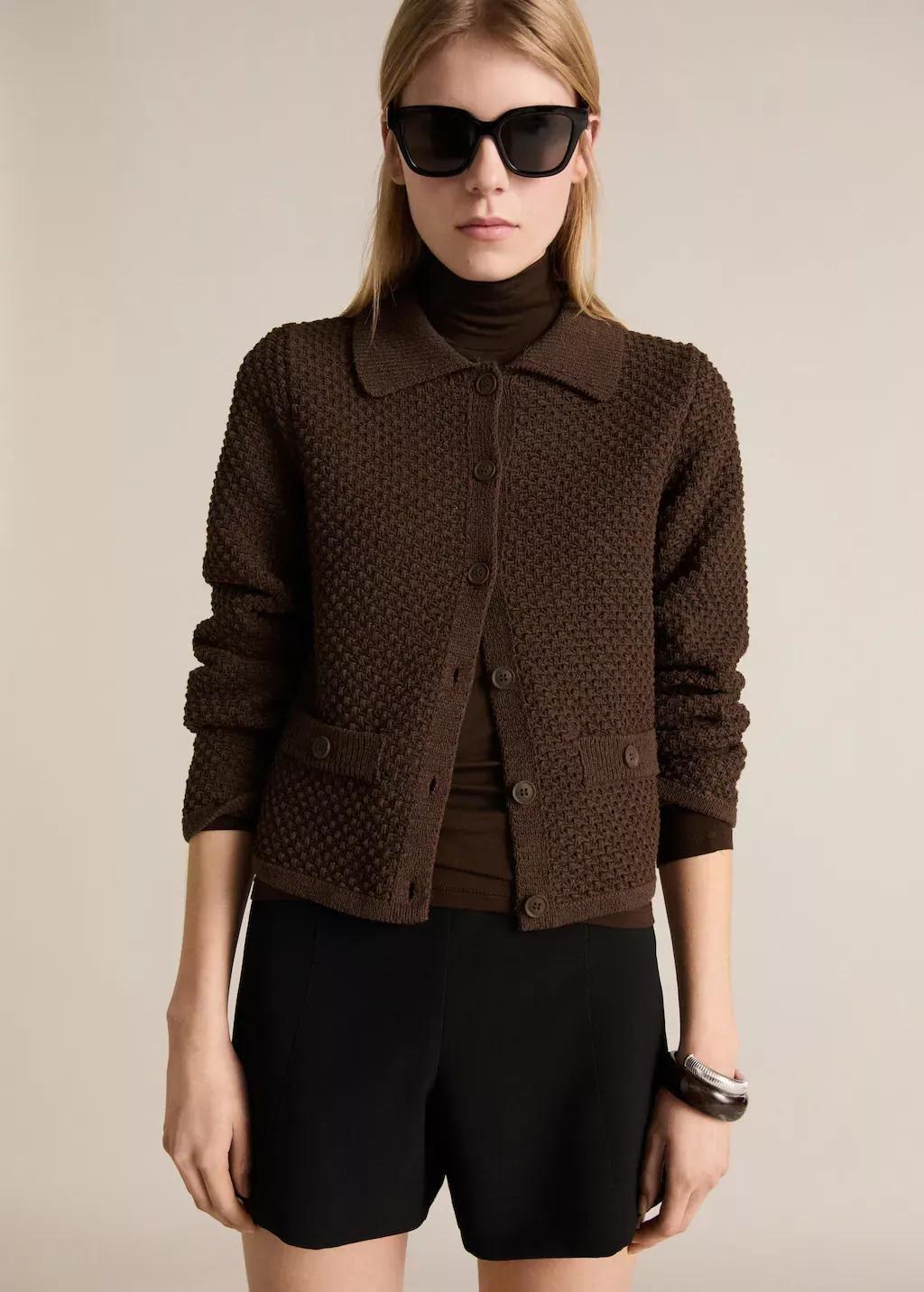 Brown Polo Collar Knitted Jacket, , large image number 0