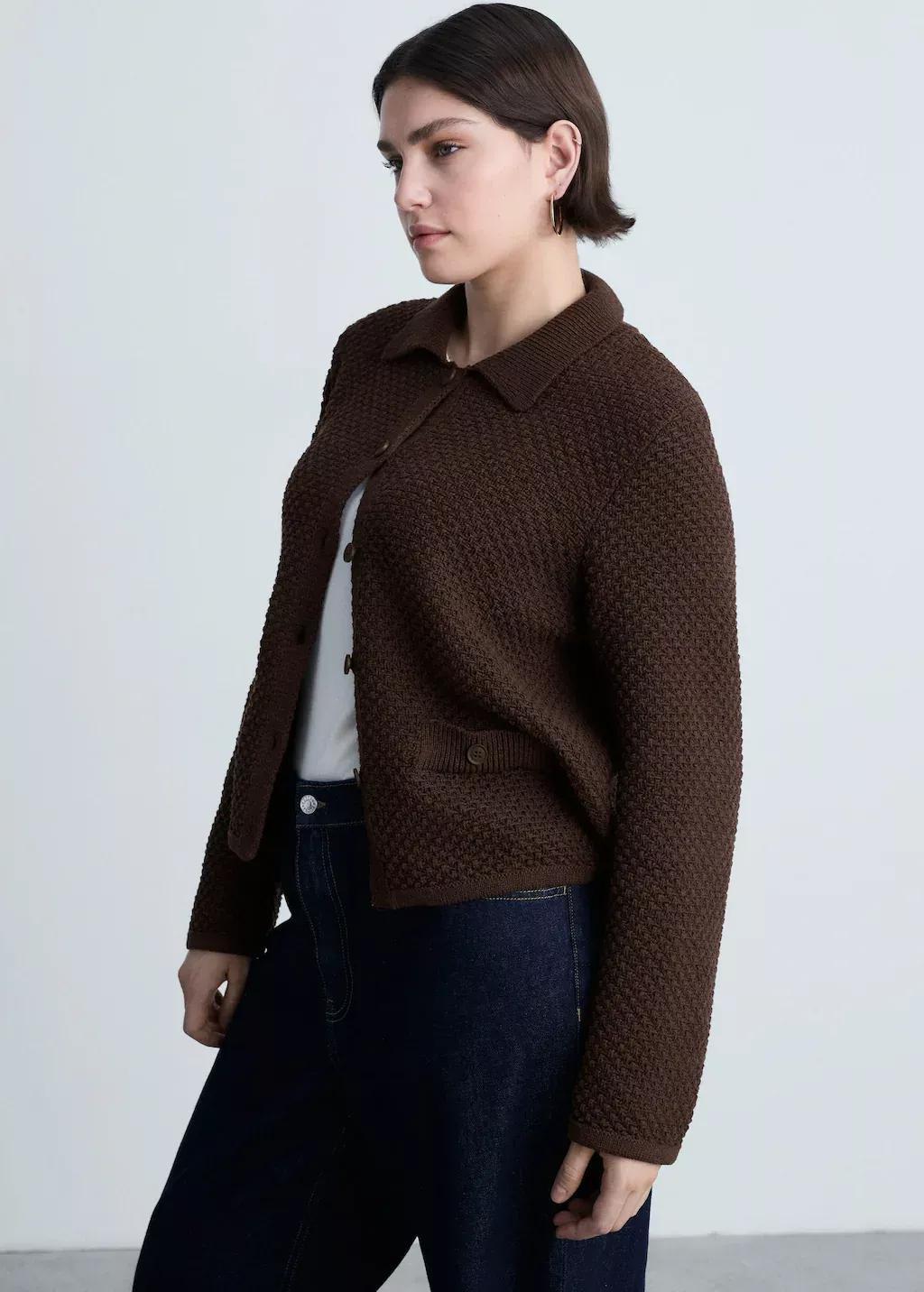 Brown Polo Collar Knitted Jacket, , large image number 8