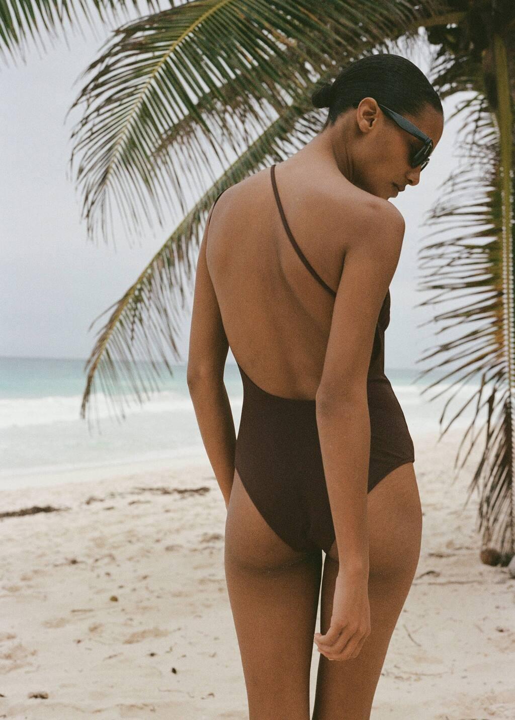 DARK BROWN Asymmetrical swimsuit with hoop, , large image number 6