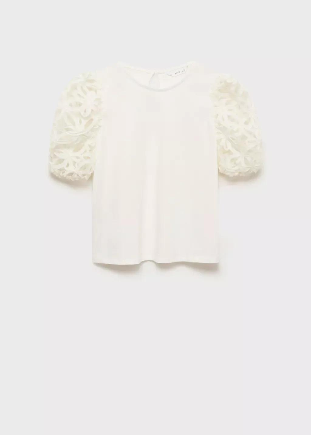 White Embroidered Short-Sleeved T-Shirt, Kids Girl, , large image number 0