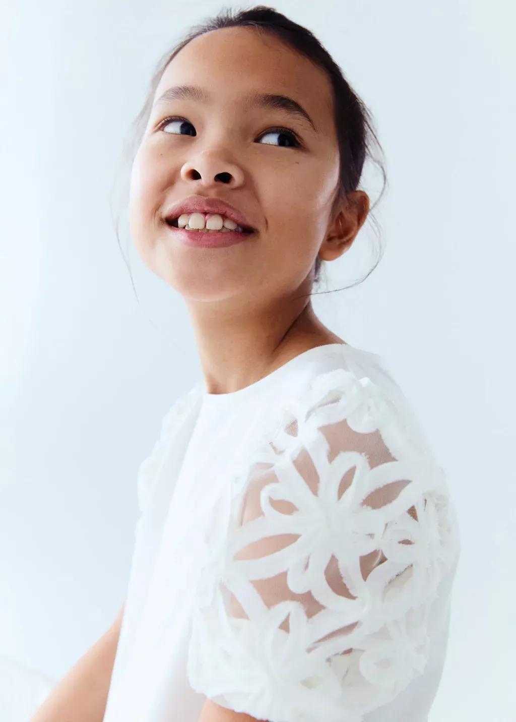 White Embroidered Short-Sleeved T-Shirt, Kids Girl, , large image number 3