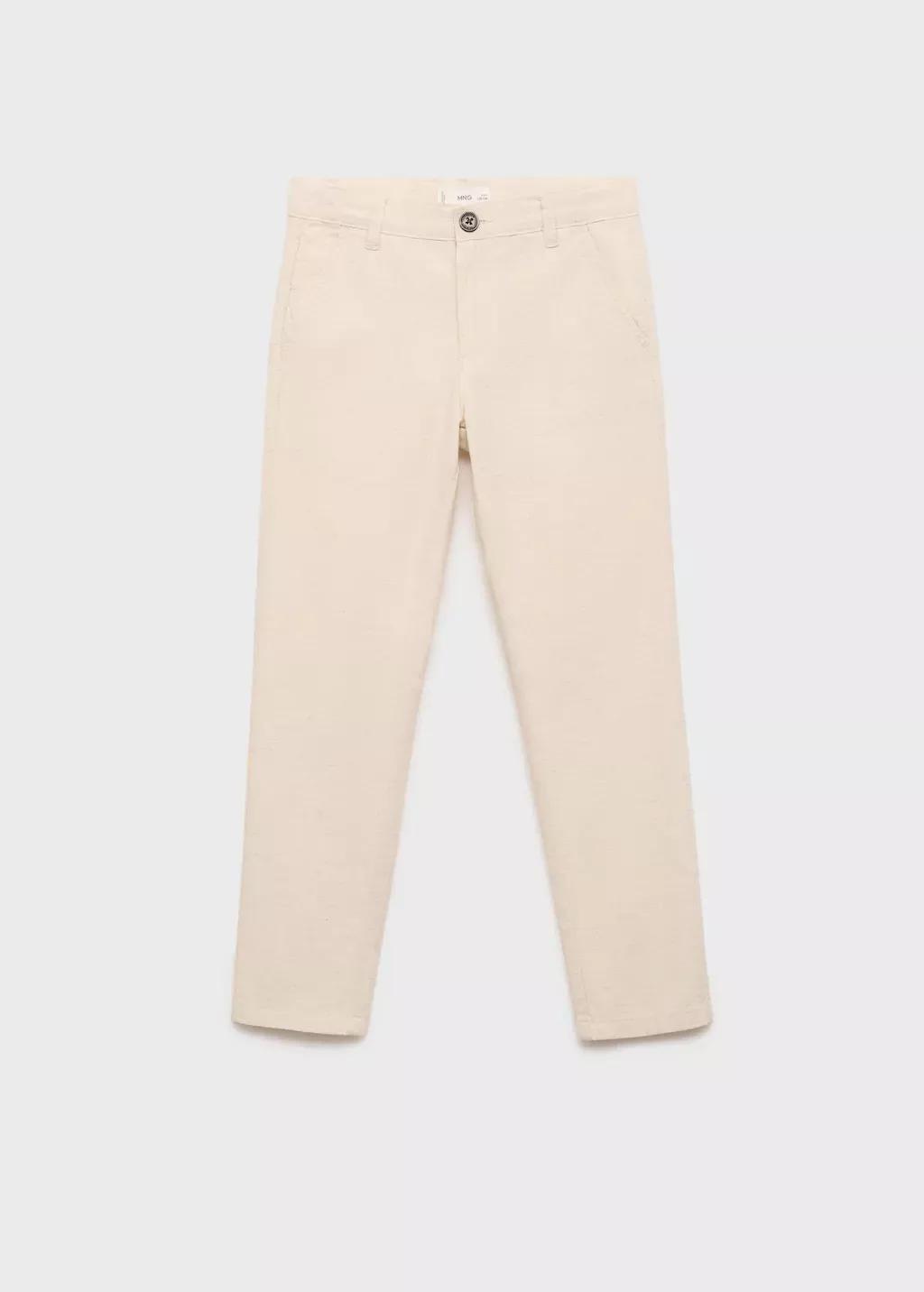 Beige Cotton Linen-Blend Trousers, Kids Boy, , medium