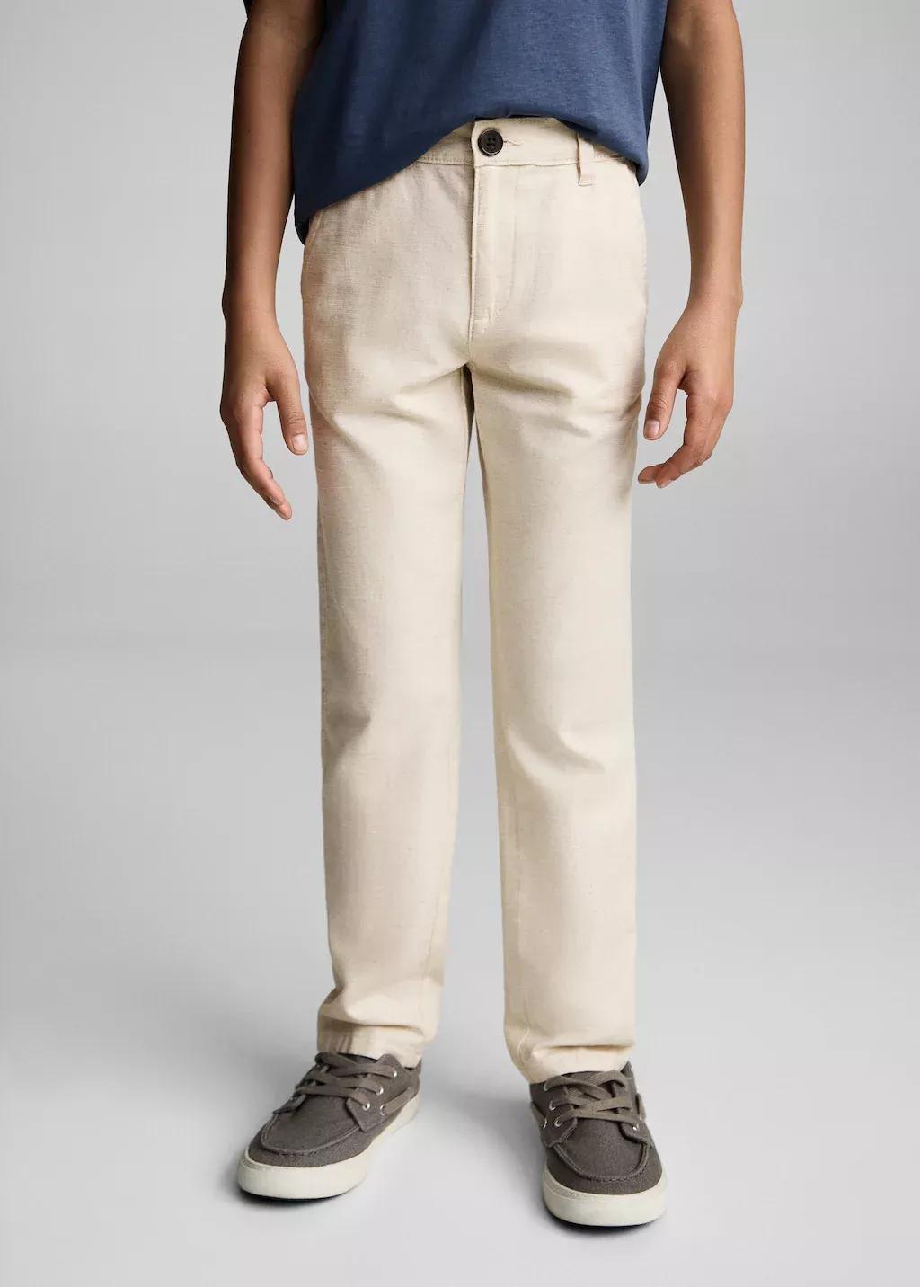 Beige Cotton Linen-Blend Trousers, Kids Boy, , large image number 0