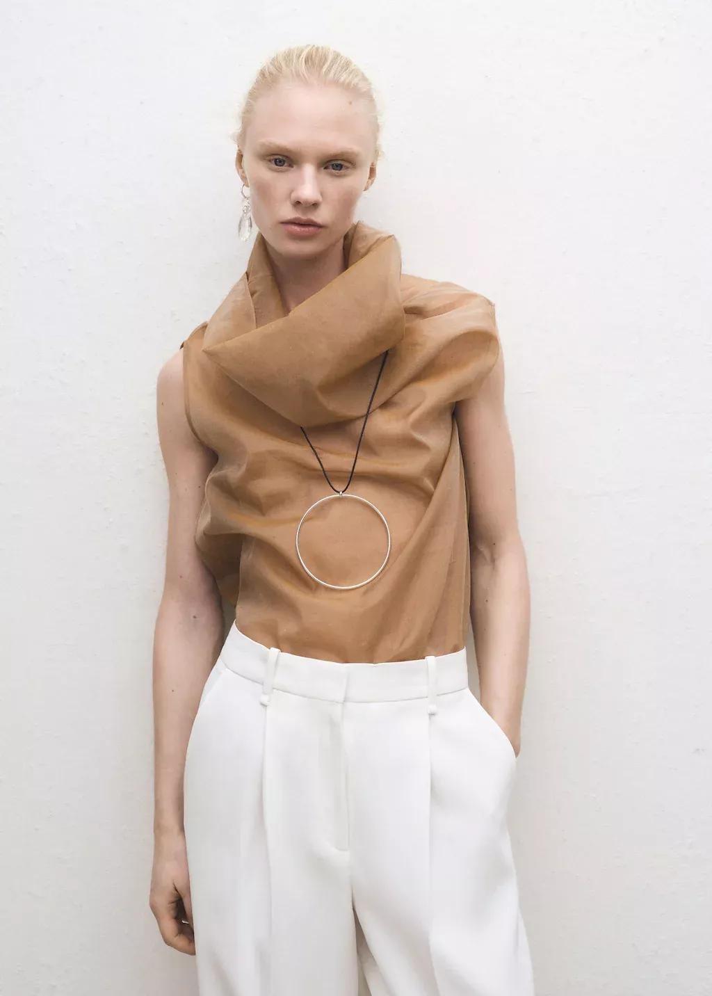 Brown Silk Blouse With Asymmetrical Neckline, , medium