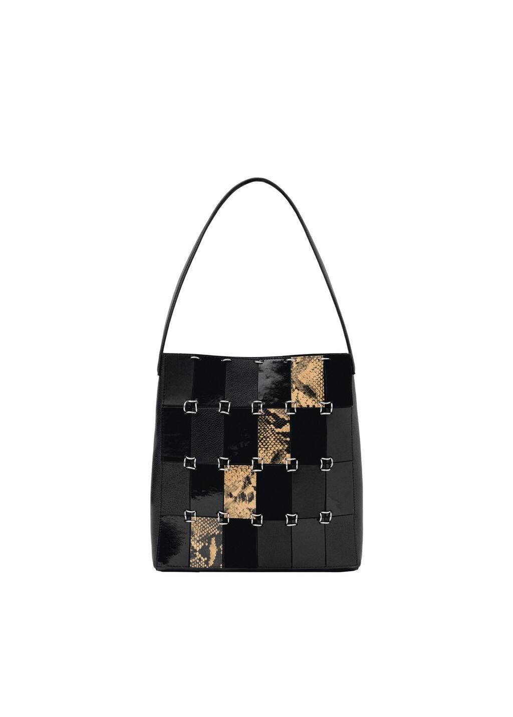Black Combined-Patchwork Leather Bag, Black, large image number 2