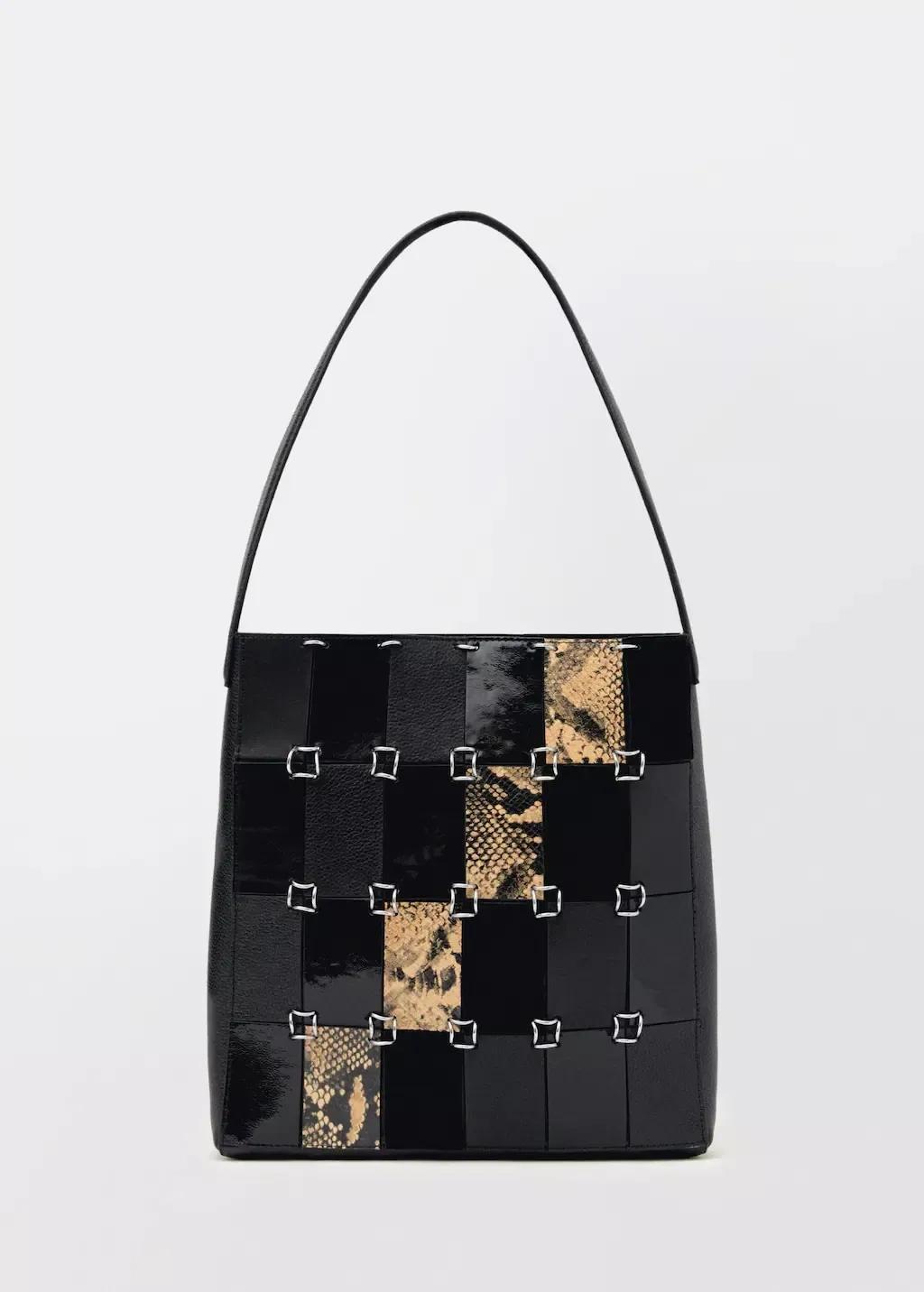 Black Combined-Patchwork Leather Bag, Black, large image number 4