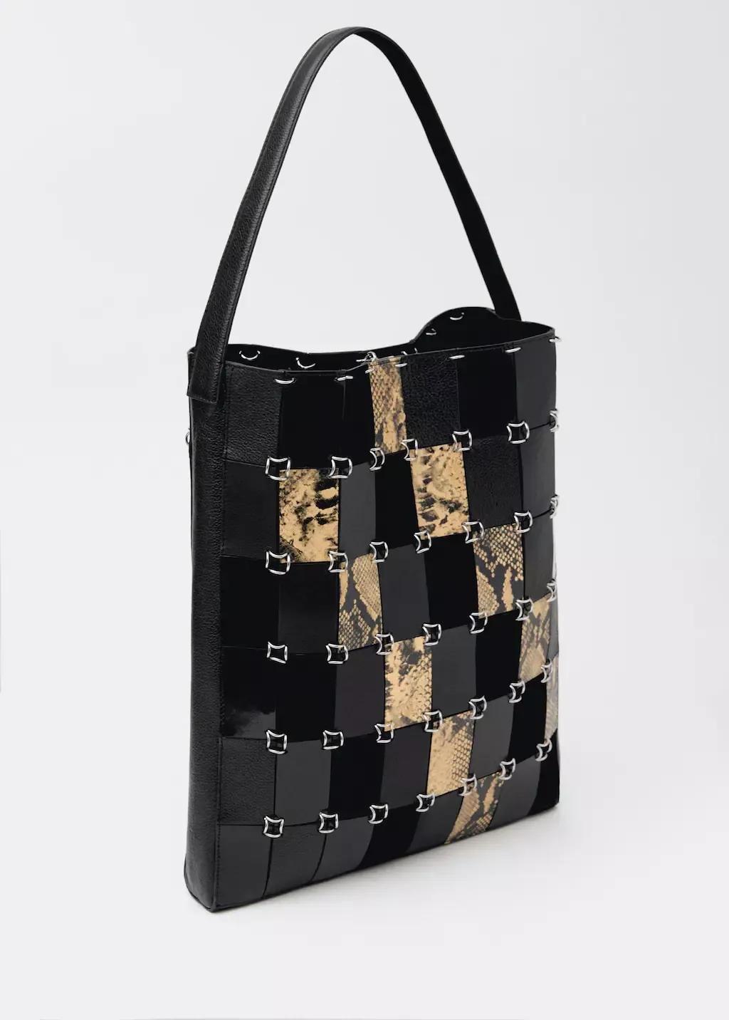 Black Combined-Patchwork Leather Shopper Bag, , medium