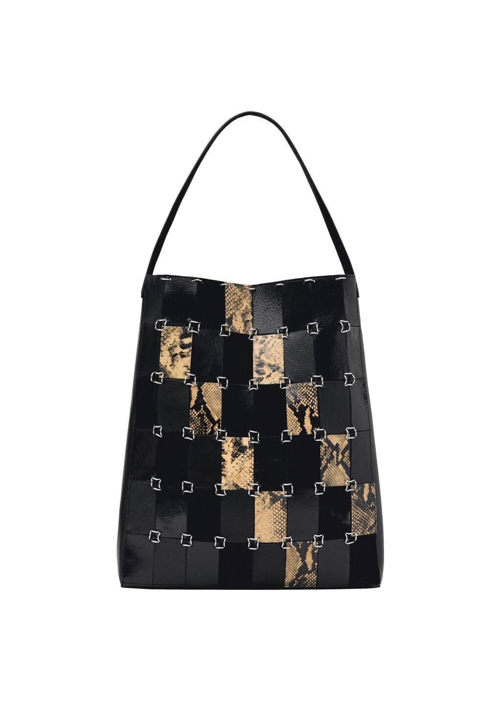 Black Combined-Patchwork Leather Shopper Bag, Black, large image number 2