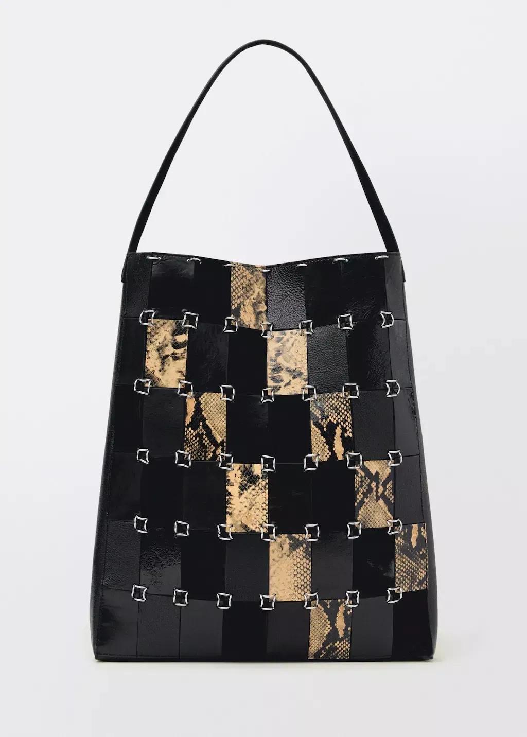 Black Combined-Patchwork Leather Shopper Bag, Black, large image number 4