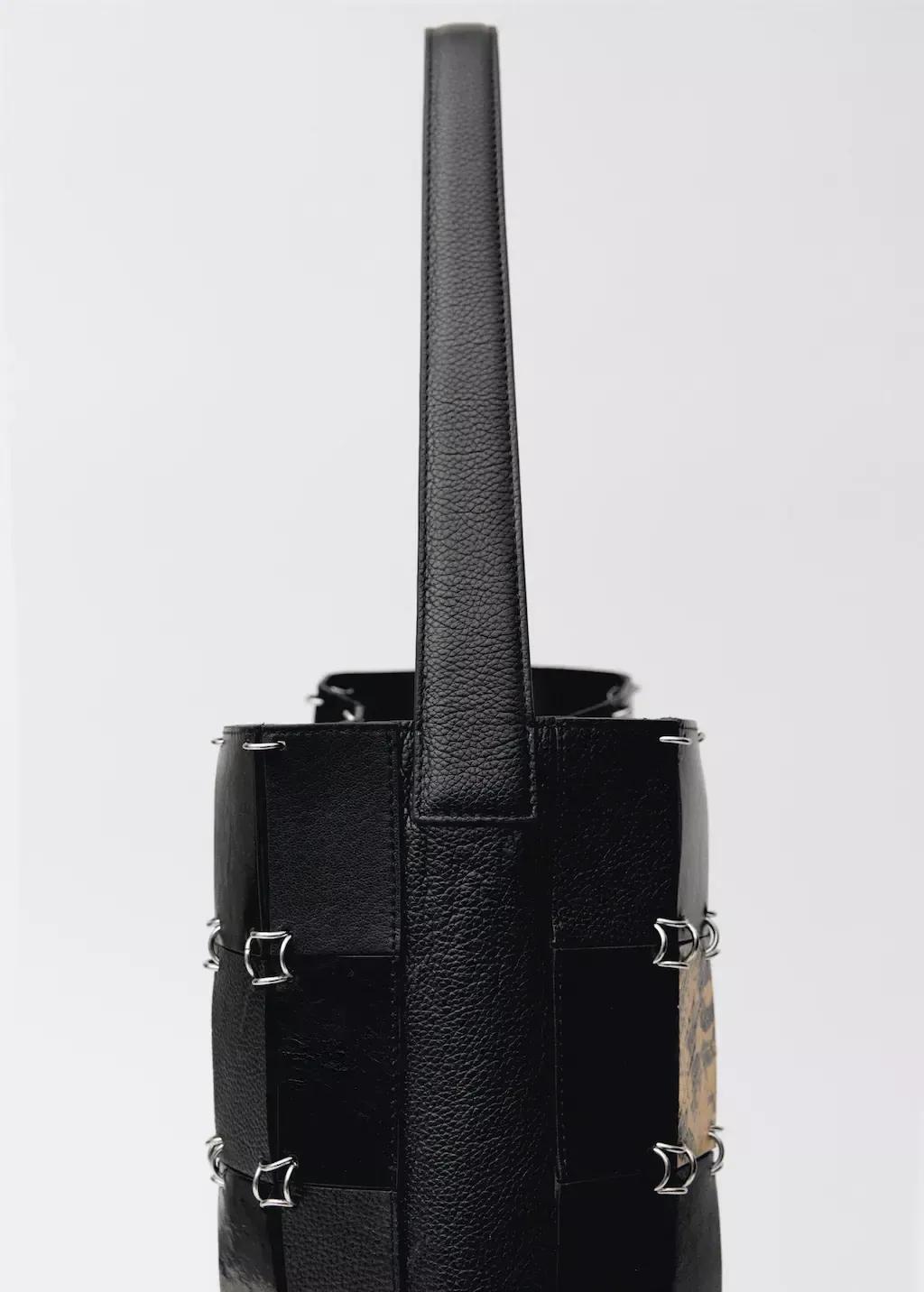 Black Combined-Patchwork Leather Shopper Bag, Black, large image number 5