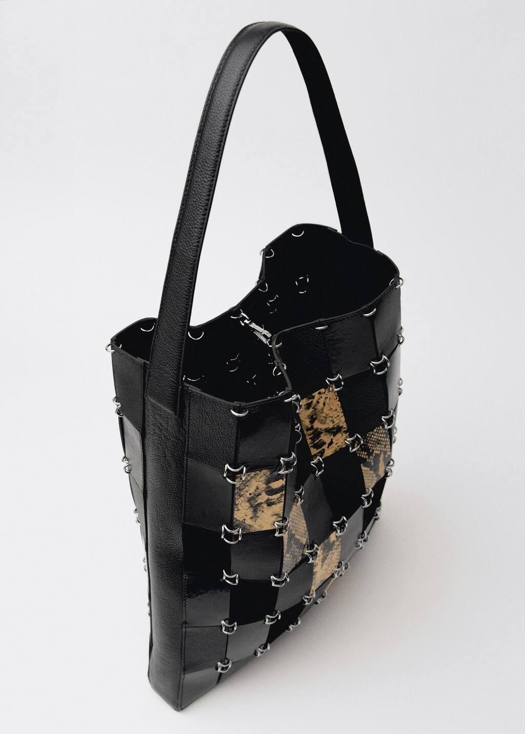 Black Combined-Patchwork Leather Shopper Bag, Black, large image number 6