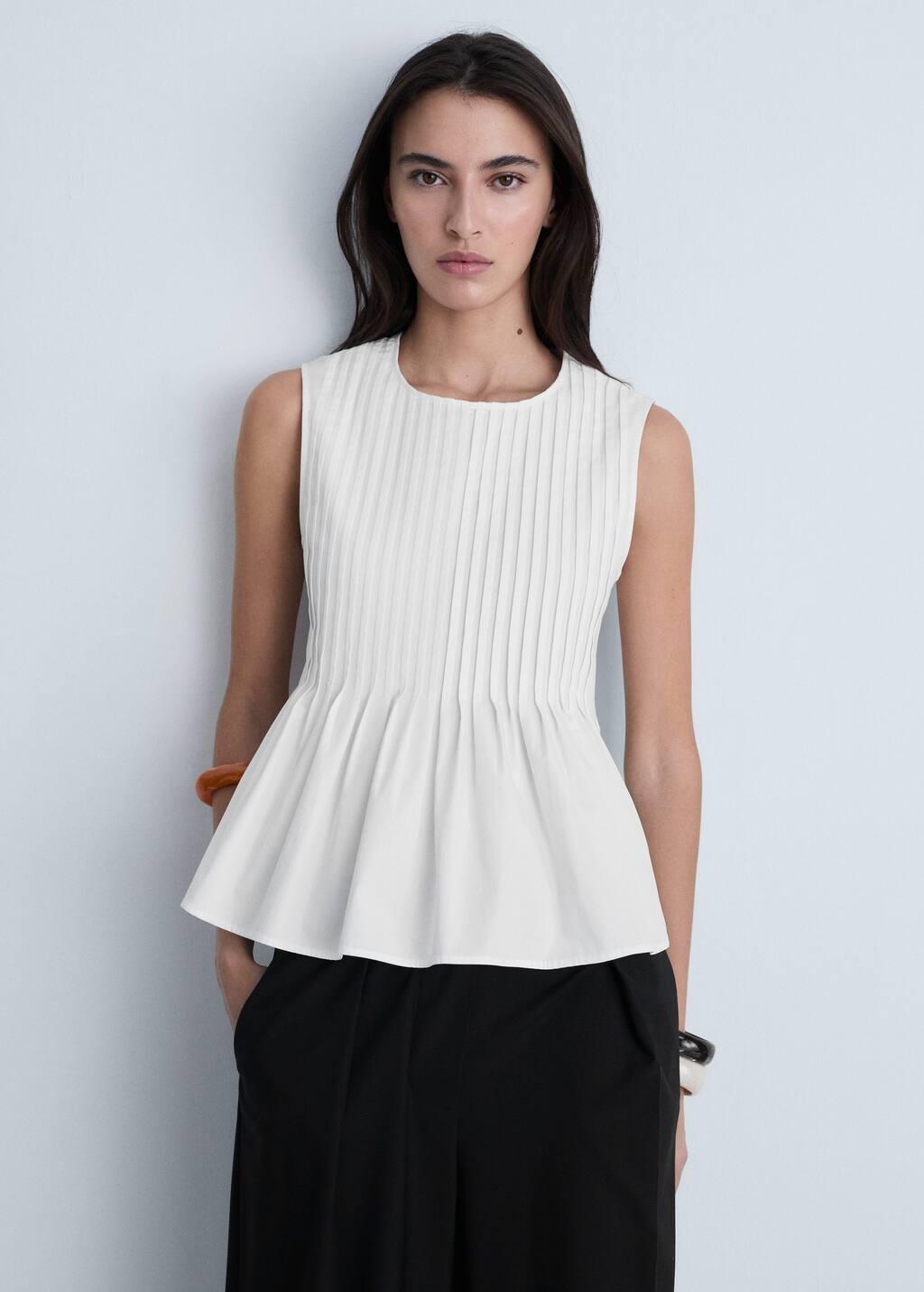 White Cotton Pleats Top, , medium