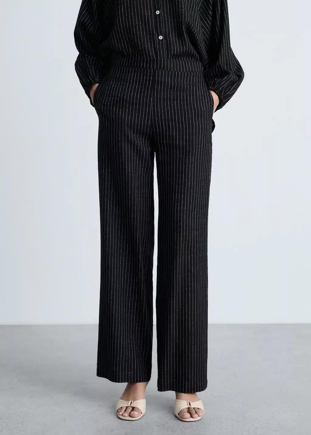 Black Straight Striped Trousers, , medium