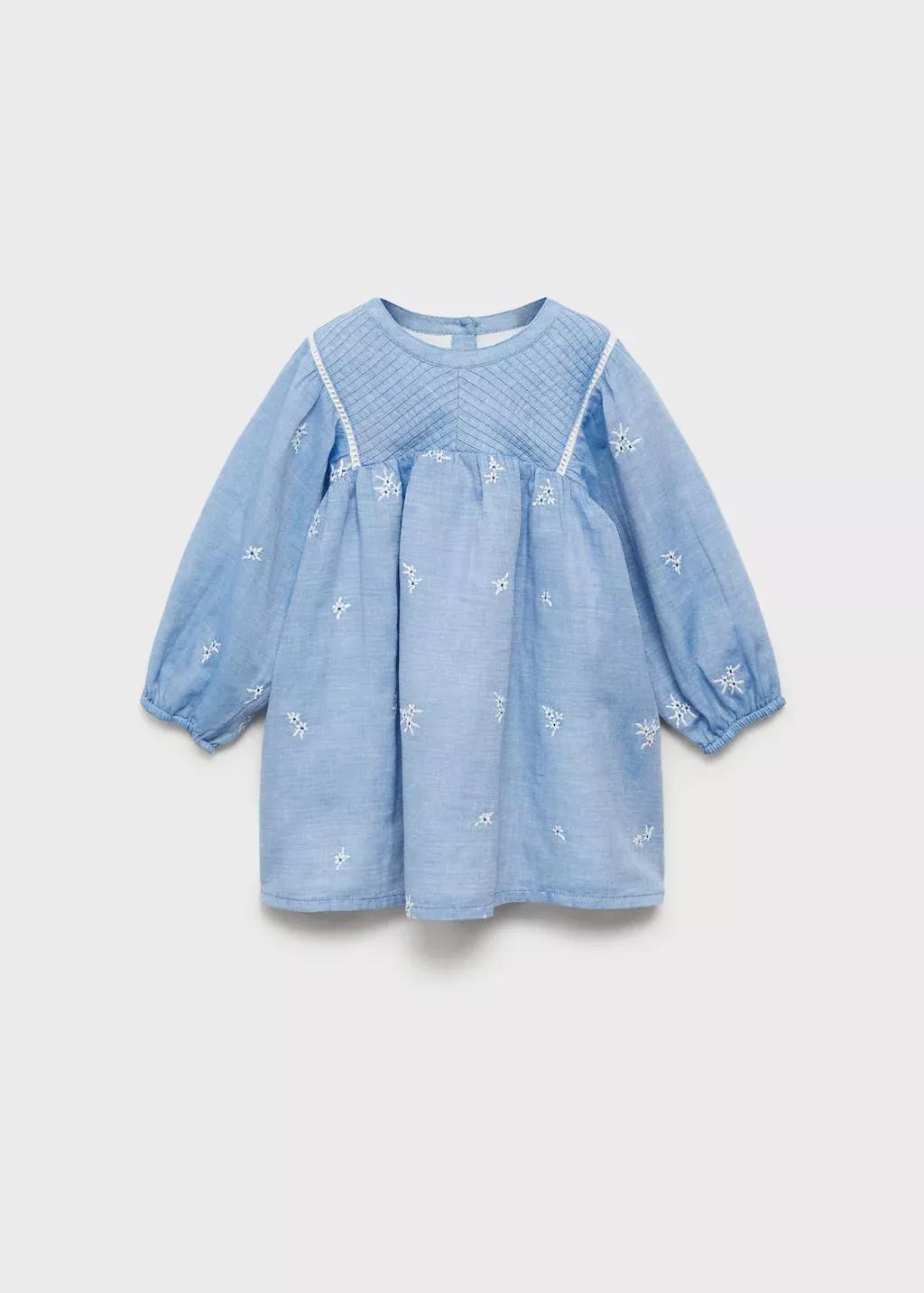 Blue Embroidered Cotton Dress Mini, Kids Girls, , medium