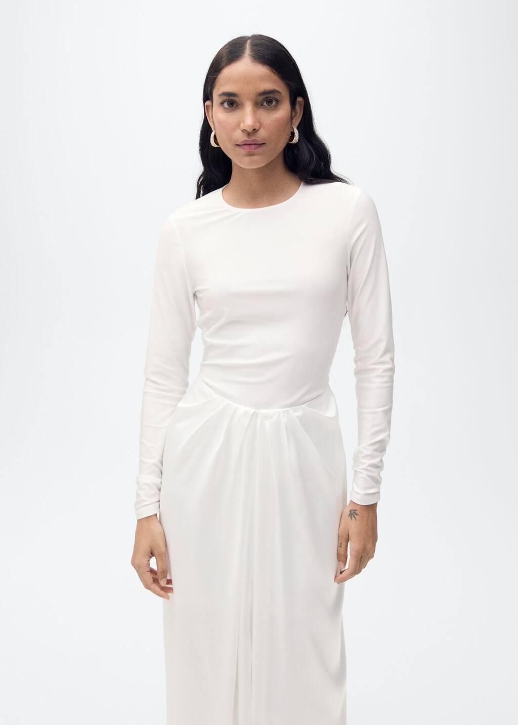 White Combined-Fabric Long Dress, , medium
