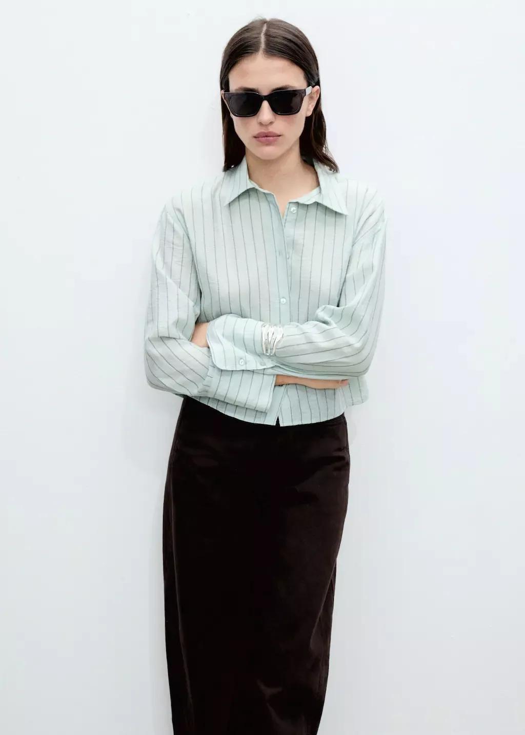 Green Striped Cropped Shirt, , large image number 0