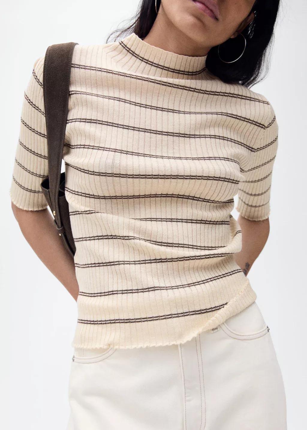 Brown Rib-Knit Sweater With Perkins Neck, , medium